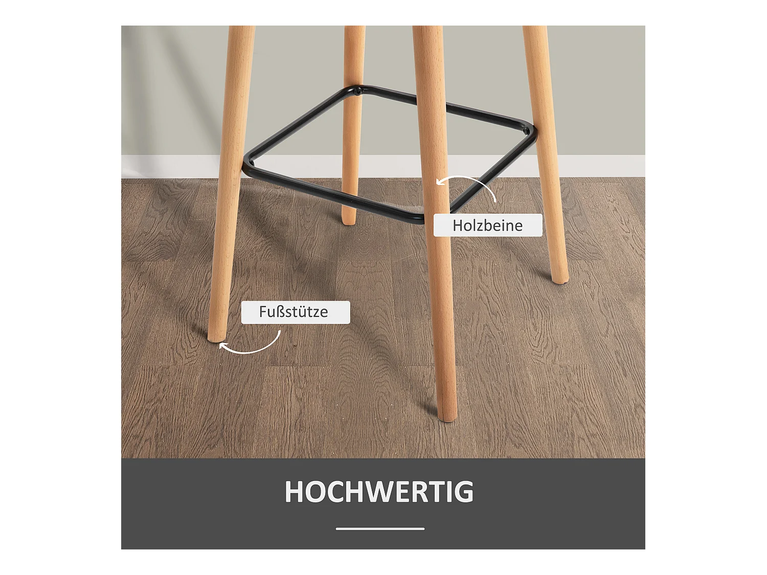 Linnen barkruk met zitkussen, modern design, hout en stof, grijs, met voetenbankje (55x48x100cm)