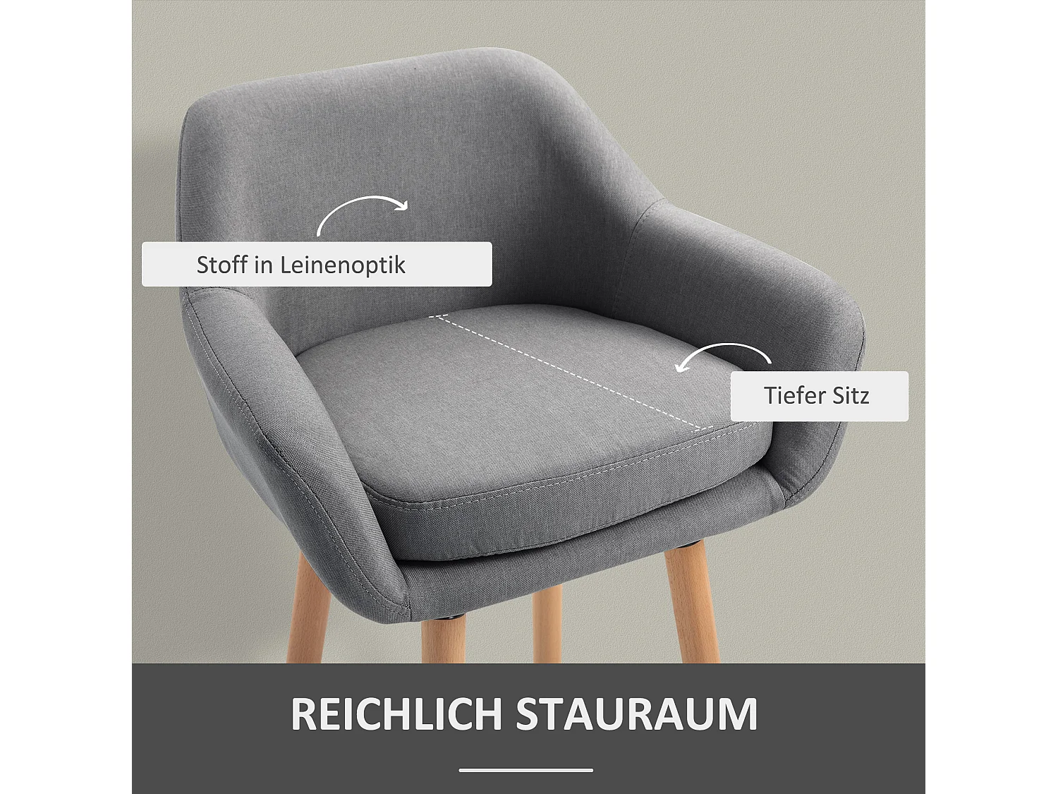 Tabouret de bar en lin avec coussin de siège, design moderne, bois et tissu, gris, avec repose-pieds (55x48x100cm)