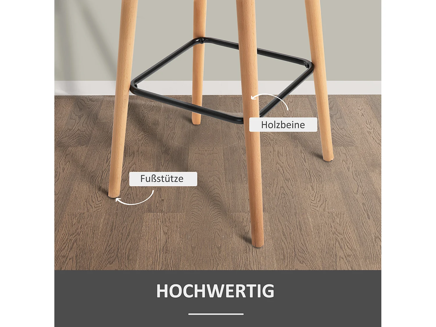 Tabouret de bar en lin avec coussin de siège, design moderne, bois et tissu, gris, avec repose-pieds (55x48x100cm)