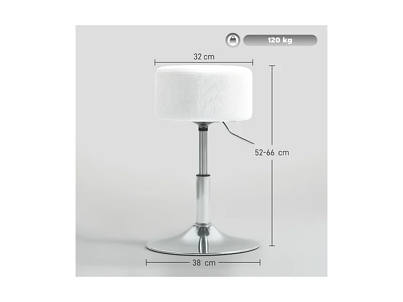 Tabouret de bar avec dossier, 360° pivotant, assise rembourrée, structure en métal, réglable en hauteur, design moderne, blanc (38x38x52-66 cm)