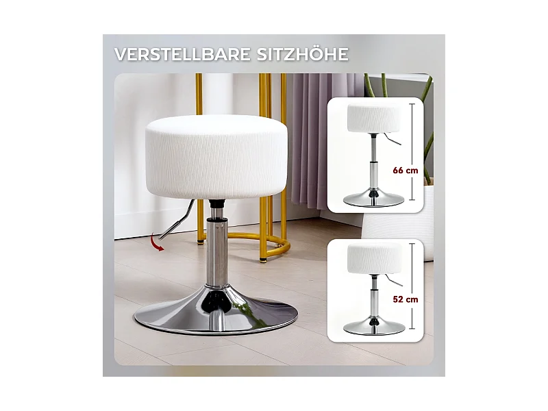 Tabouret de bar avec dossier, 360° pivotant, assise rembourrée, structure en métal, réglable en hauteur, design moderne, blanc (38x38x52-66 cm)