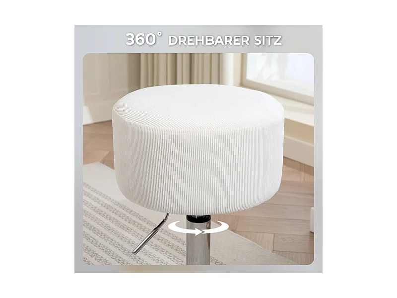 Tabouret de bar avec dossier, 360° pivotant, assise rembourrée, structure en métal, réglable en hauteur, design moderne, blanc (38x38x52-66 cm)