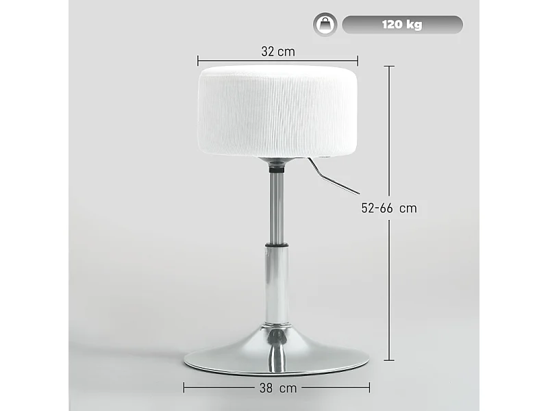 Tabouret de bar avec dossier, 360° pivotant, assise rembourrée, structure en métal, réglable en hauteur, design moderne, blanc (38x38x52-66 cm)