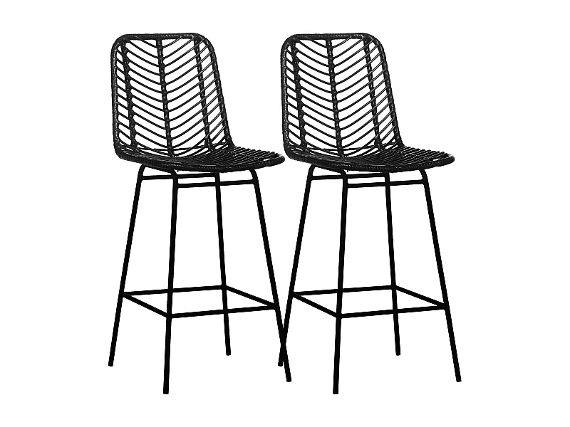 Set di 2 sedie da bar, seduta imbottita con poggiapiedi, struttura in metallo, rattan, nero (42,5x52x102 cm)