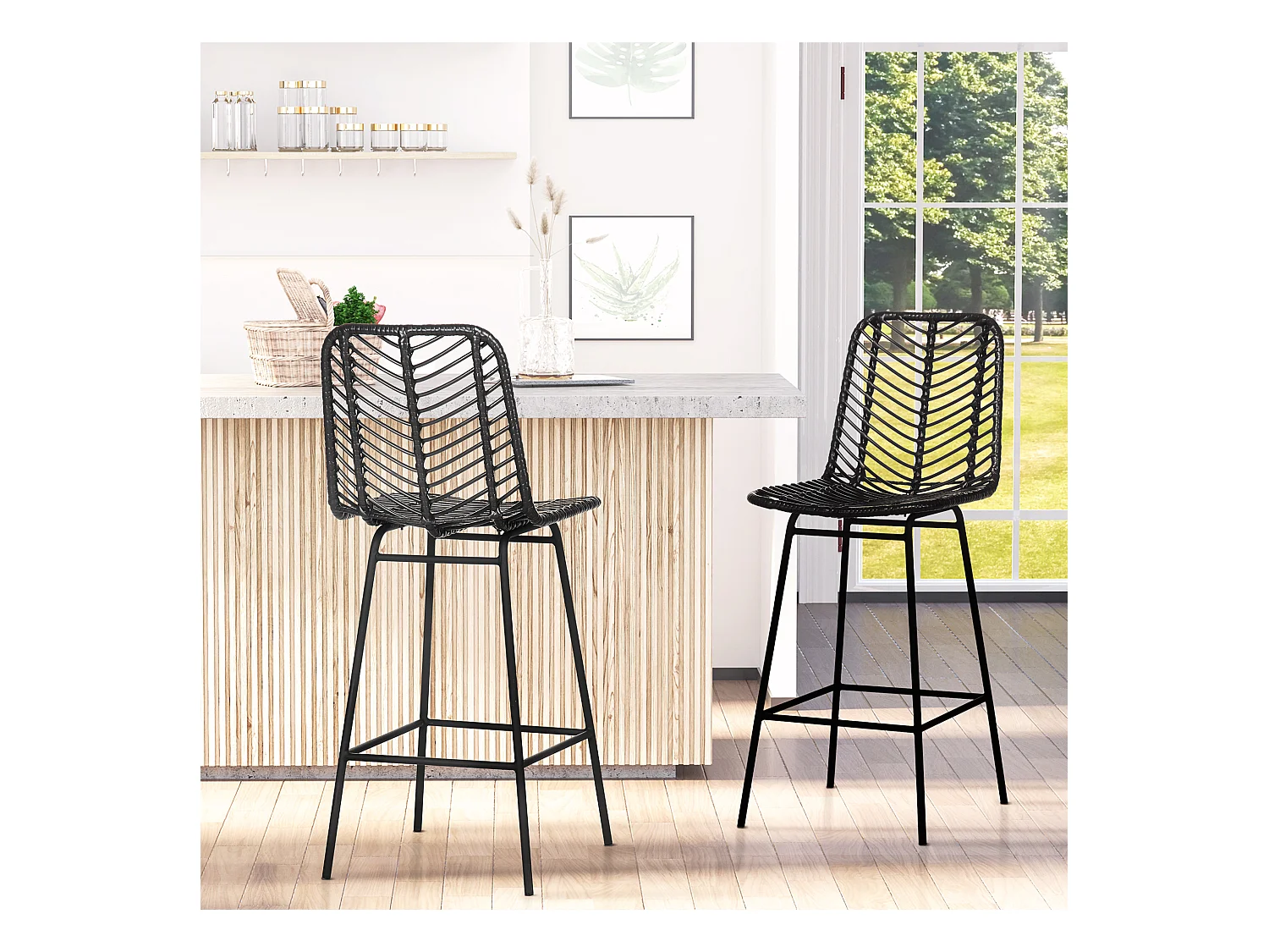 Set van 2 barkrukken, gevoerde zitting met voetensteun, metalen frame, rotan, zwart (42,5x52x102 cm)