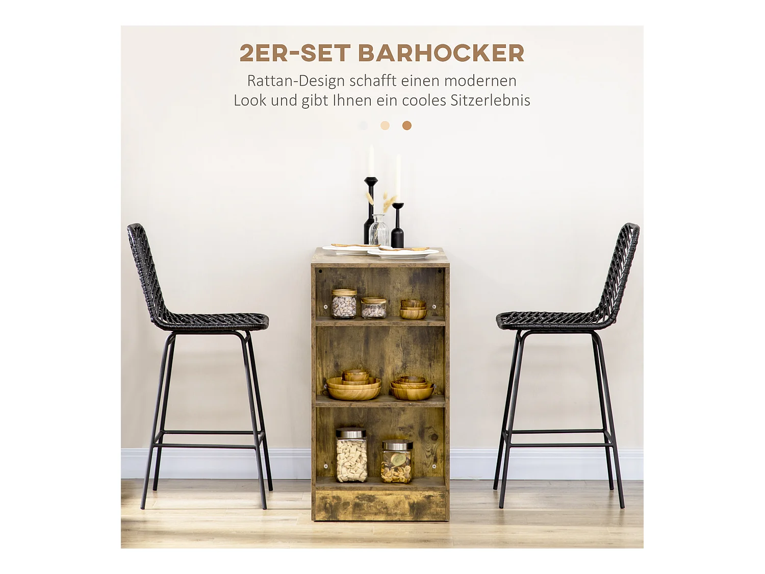 Set van 2 barkrukken, gevoerde zitting met voetensteun, metalen frame, rotan, zwart (42,5x52x102 cm)