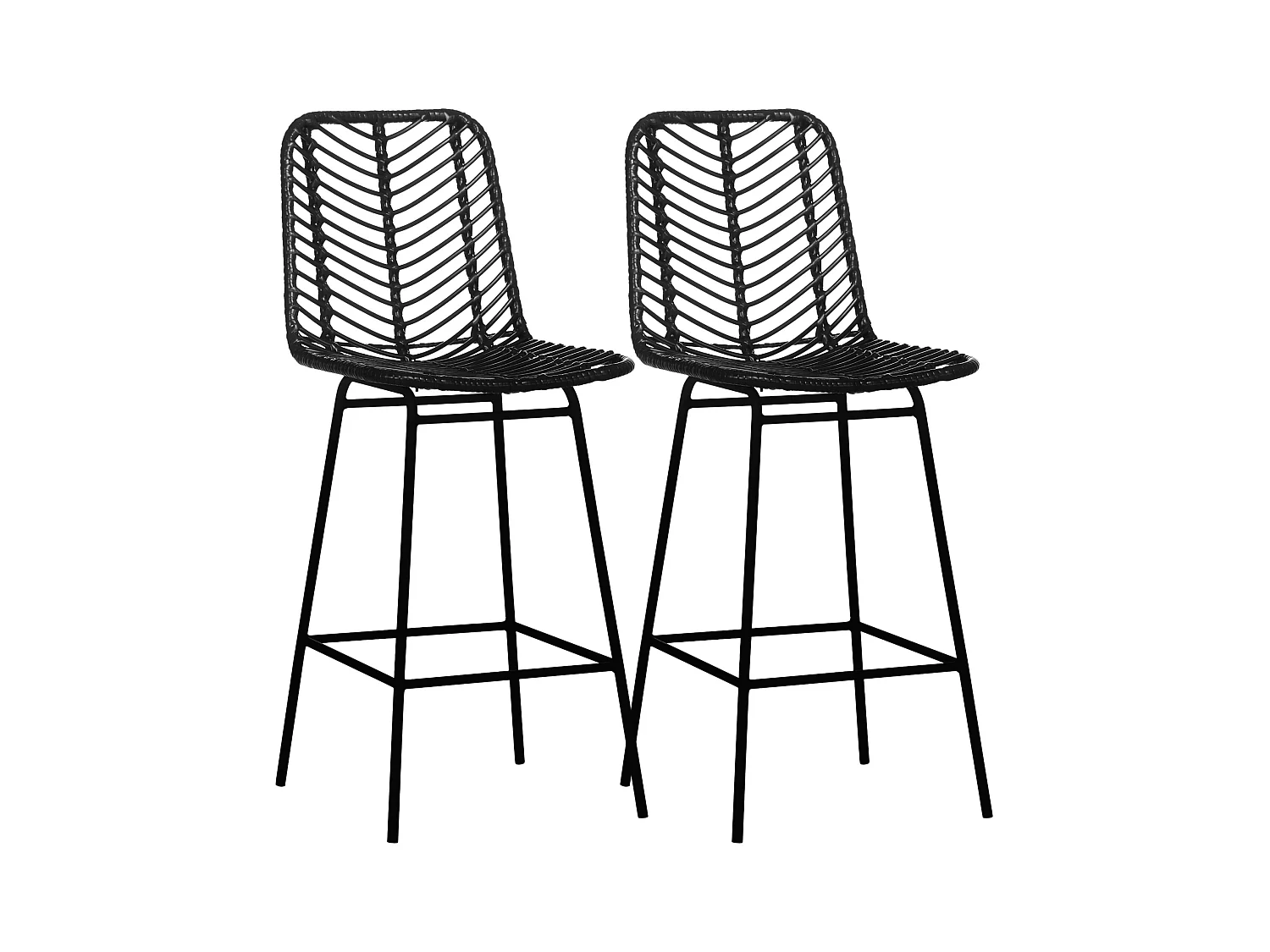 Set van 2 barkrukken, gevoerde zitting met voetensteun, metalen frame, rotan, zwart (42,5x52x102 cm)