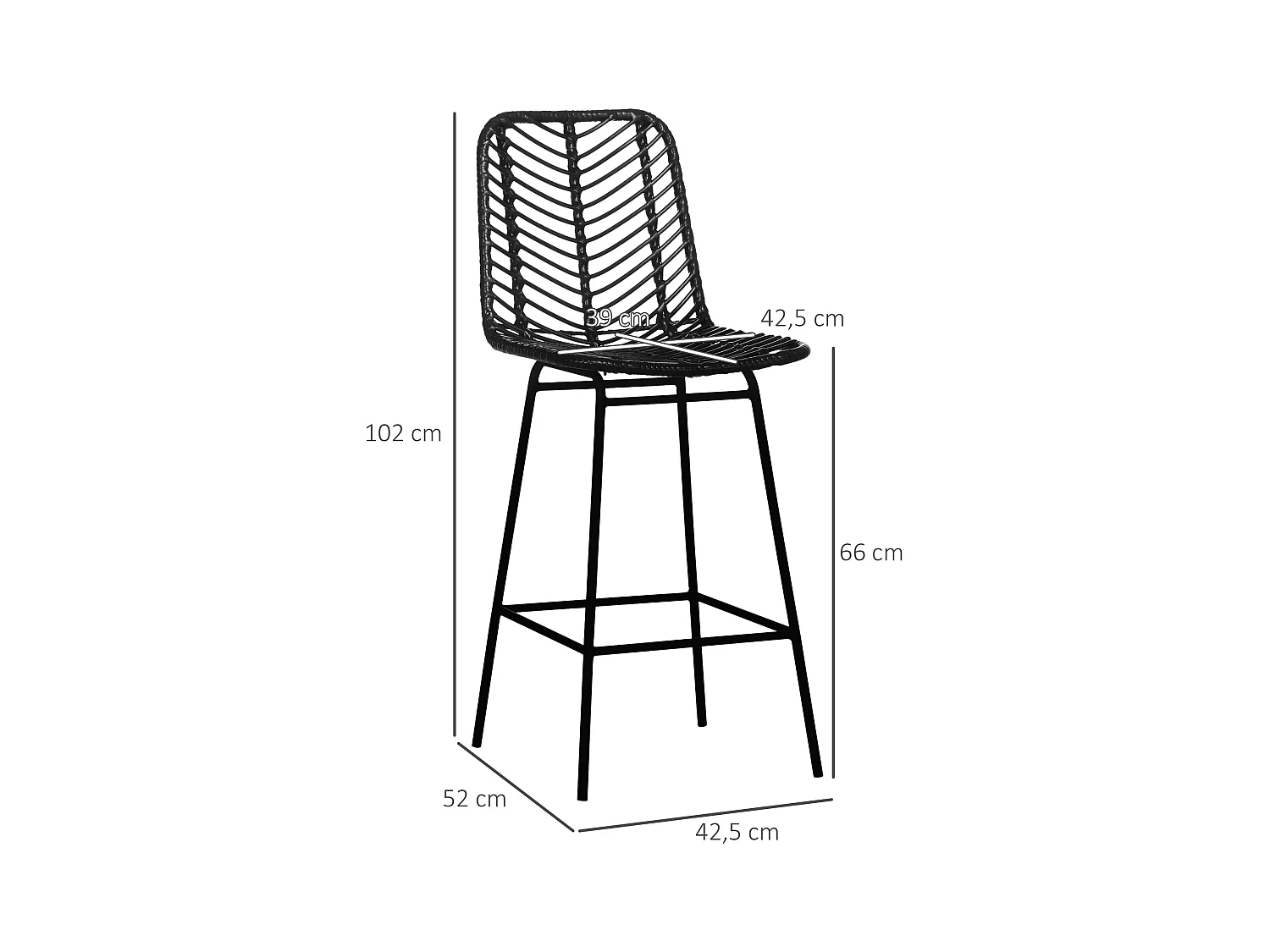 Lot de 2 Chaises de Bar, Siège Rembourré avec Repose-pieds, Structure en Métal, Rattan, Noir (42.5x52x102 cm)