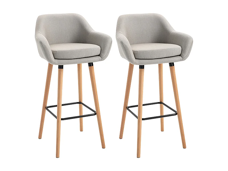 Set di 2 sgabelli da bar con schienale, struttura in legno di faggio e tessuto di lino, cuscino integrato, beige (55x48x100cm)