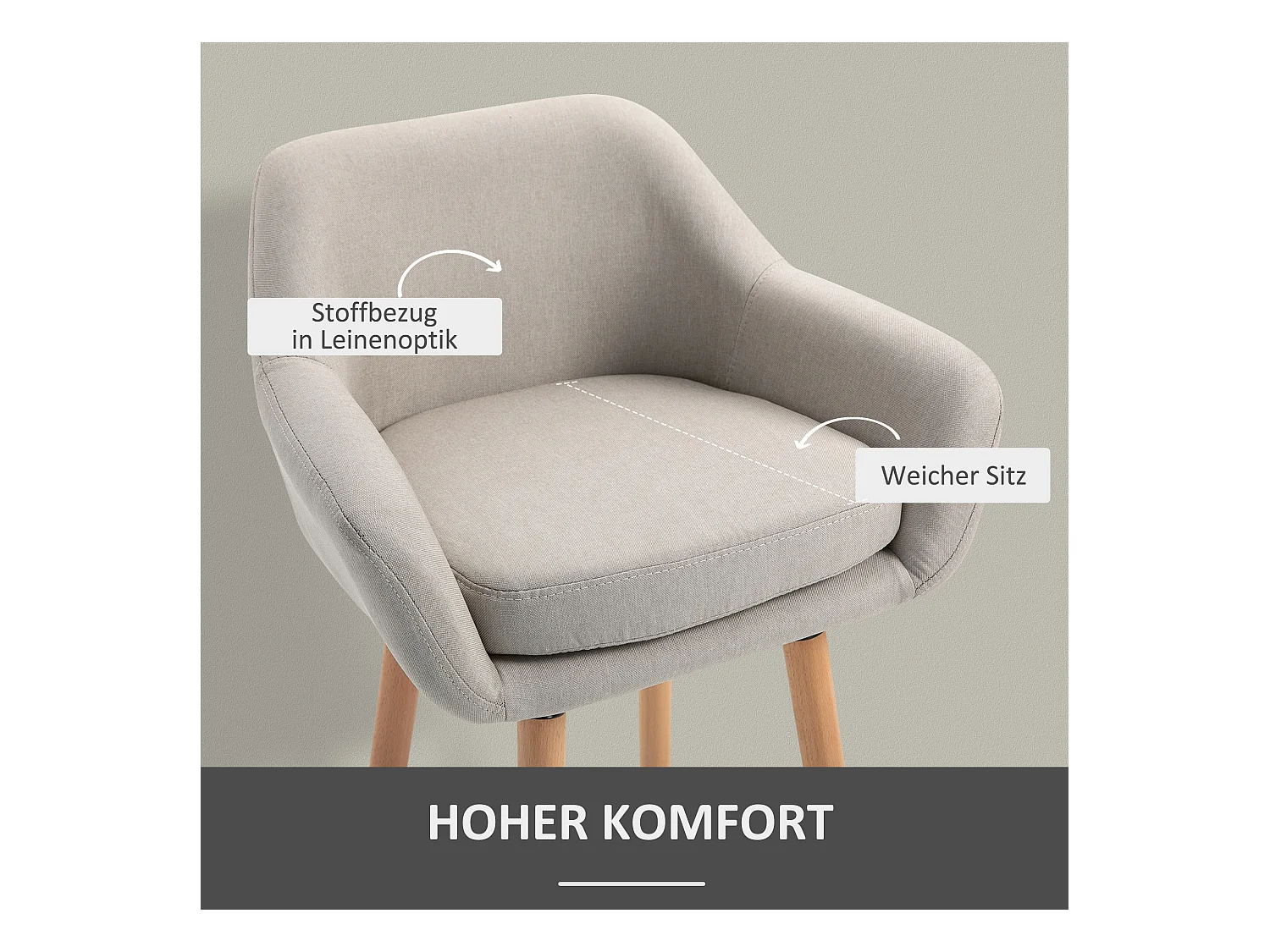 Set van 2 barkrukken met rugleuning, beukenhouten frame en linnen stof, geïntegreerd kussen, beige (55x48x100cm)