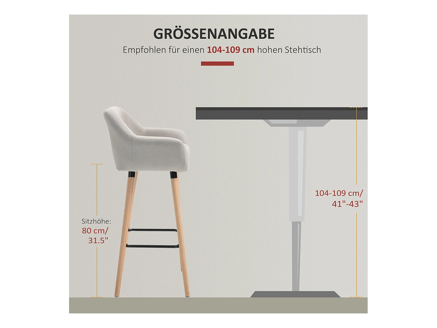 Set van 2 barkrukken met rugleuning, beukenhouten frame en linnen stof, geïntegreerd kussen, beige (55x48x100cm)