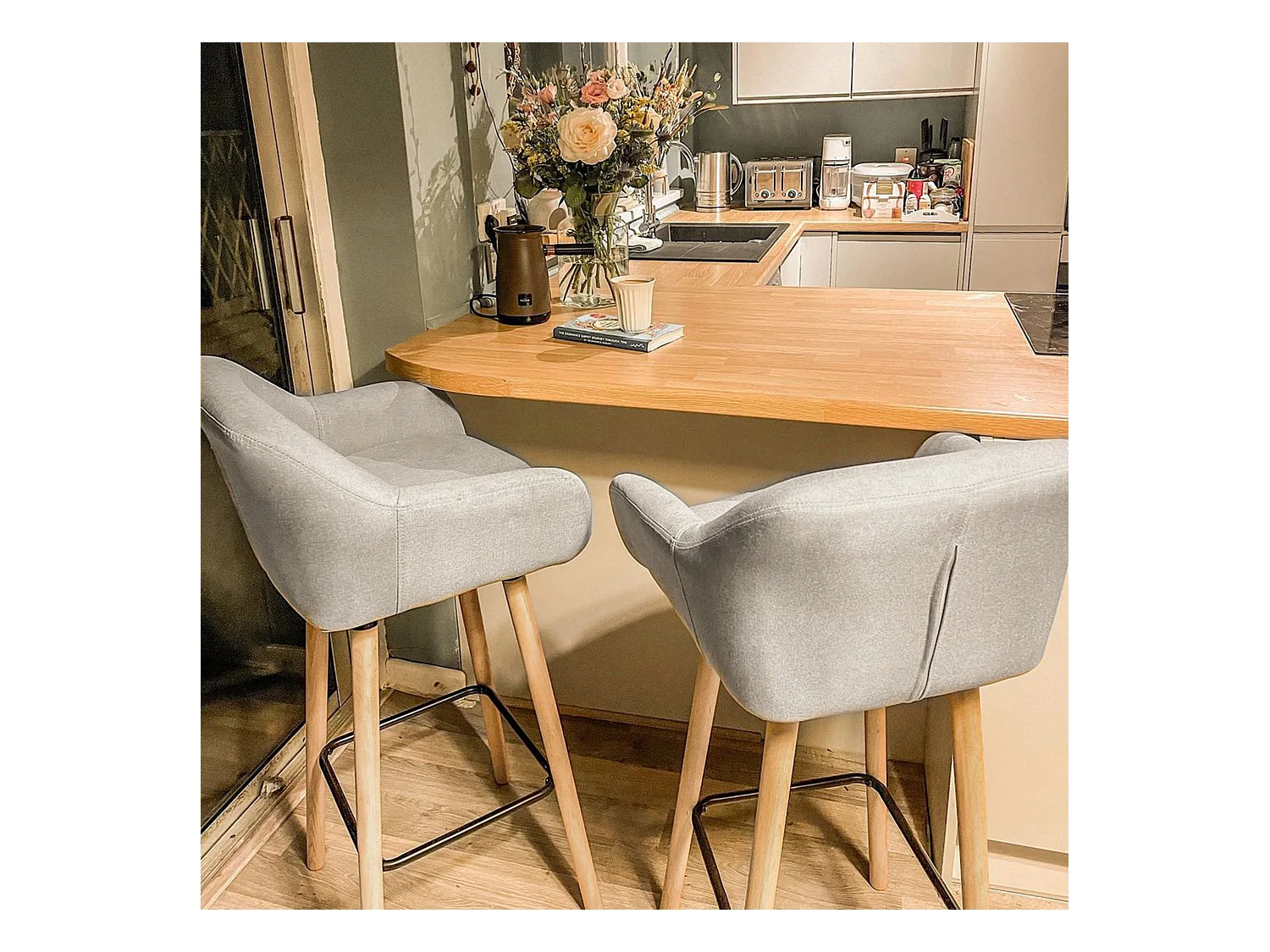 Set van 2 barkrukken met rugleuning, beukenhouten frame en linnen stof, geïntegreerd kussen, beige (55x48x100cm)