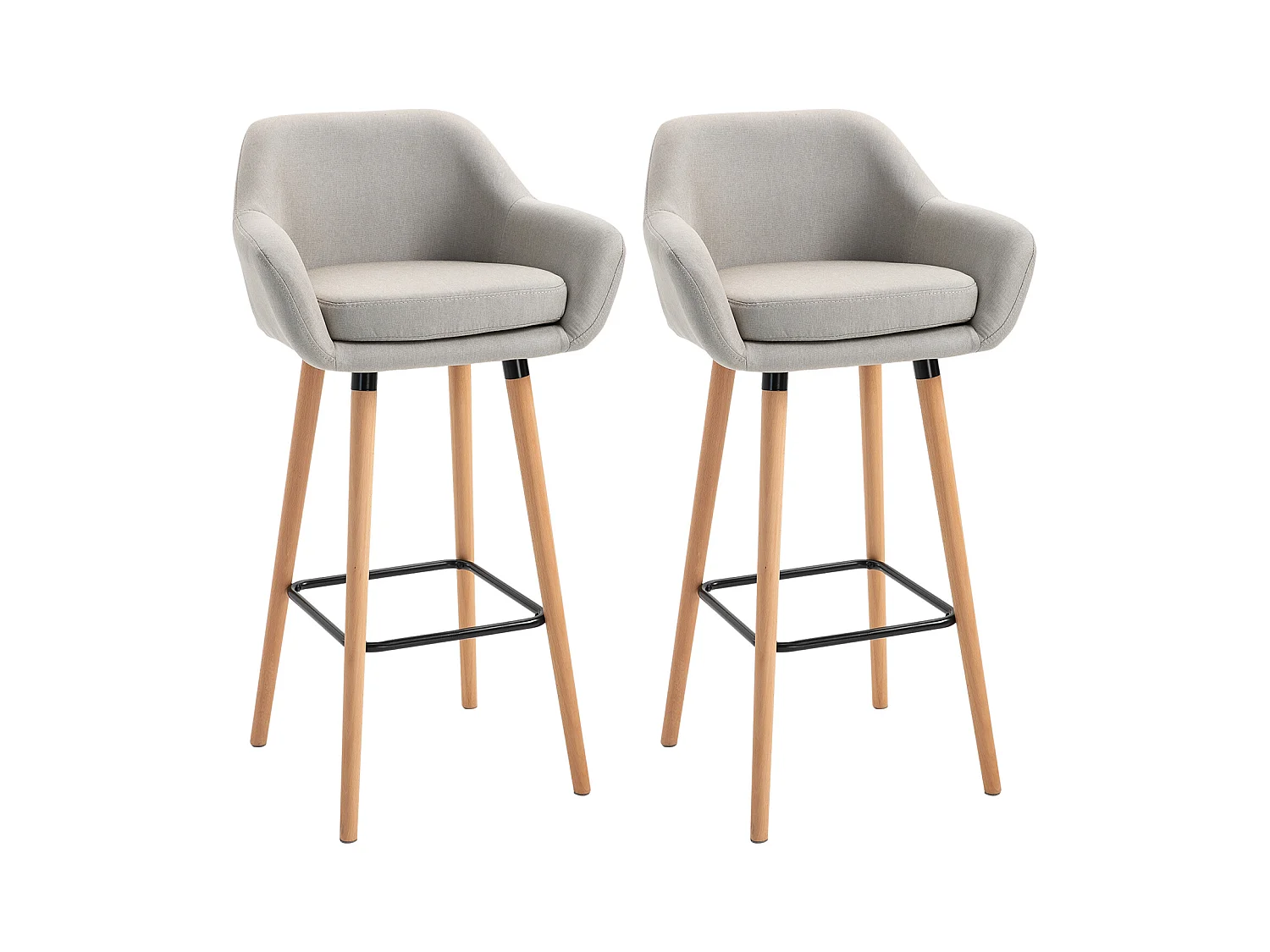 Conjunto de 2 taburetes de bar con respaldo, estructura de madera de haya y tejido de lino, cojín integrado, beige (55x48x100cm)