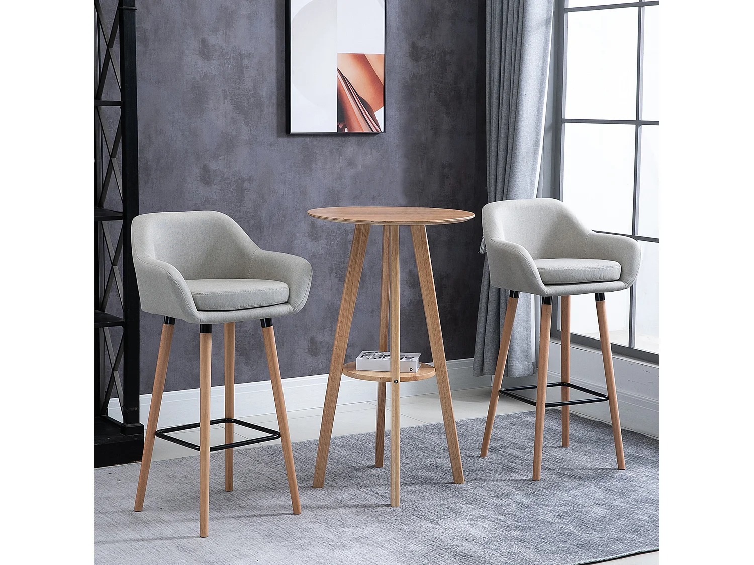 Lot de 2 tabourets de bar avec dossier, structure bois de hêtre et tissu lin, coussin intégré, beige (55x48x100cm)