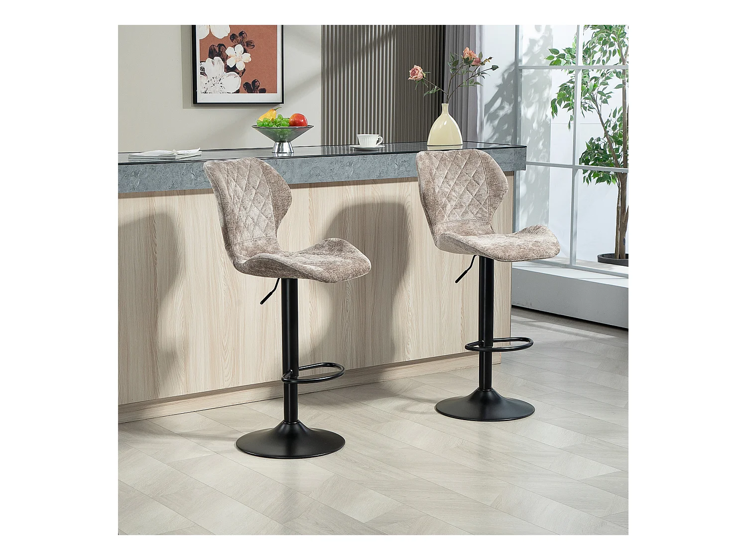 Barstoelen met rugleuning, voetenbankje, draaibaar, chenille stof, metalen frame, bruin (42x47x105 cm)