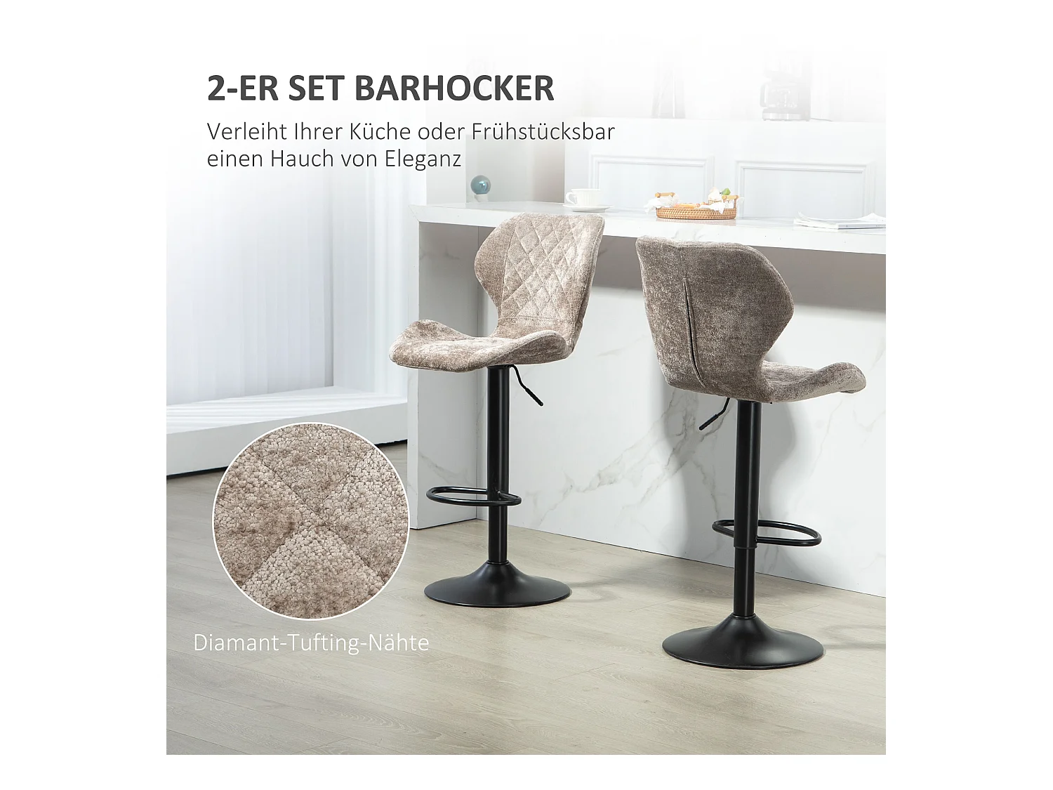 Barstoelen met rugleuning, voetenbankje, draaibaar, chenille stof, metalen frame, bruin (42x47x105 cm)