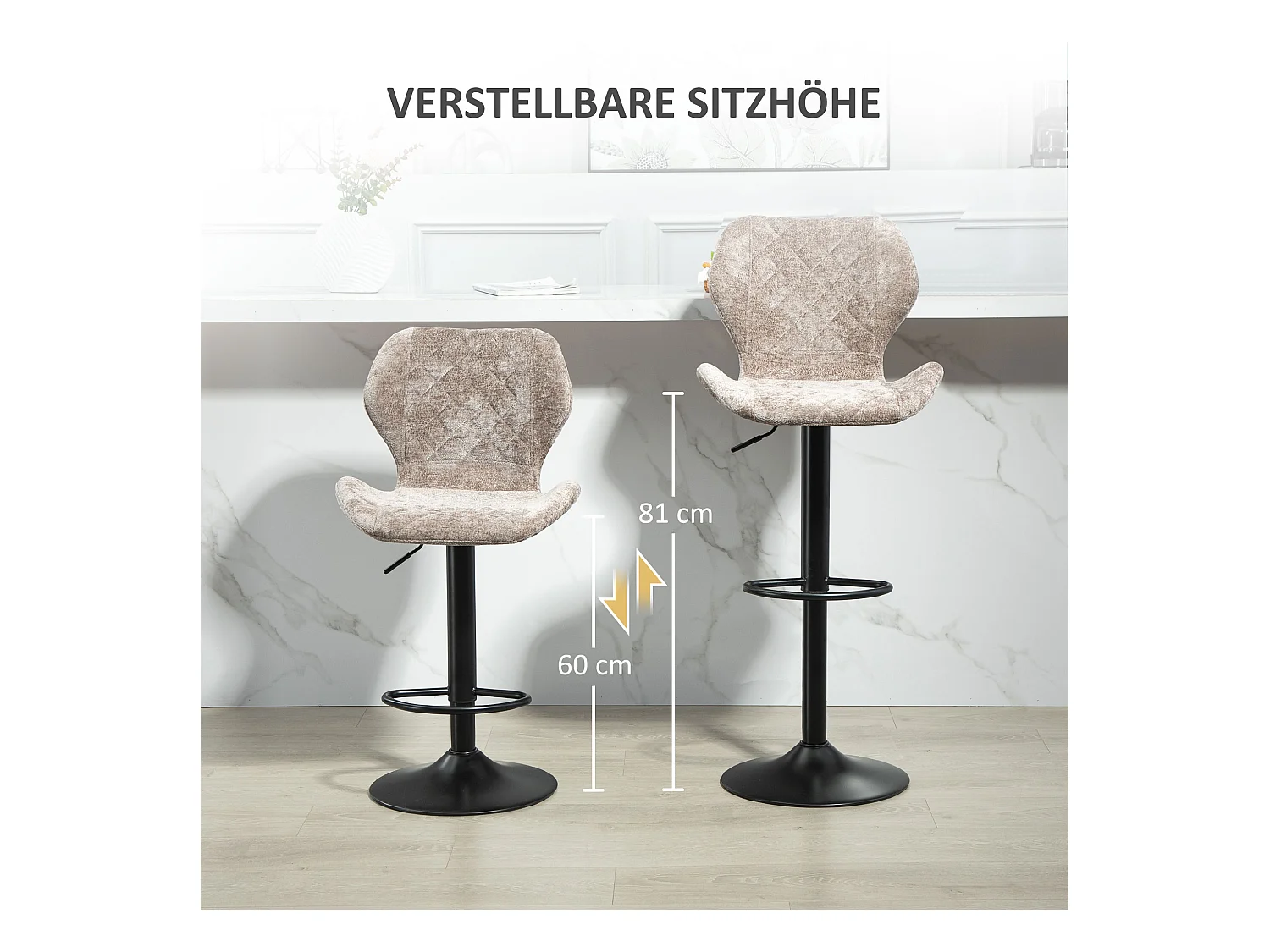 Barstoelen met rugleuning, voetenbankje, draaibaar, chenille stof, metalen frame, bruin (42x47x105 cm)