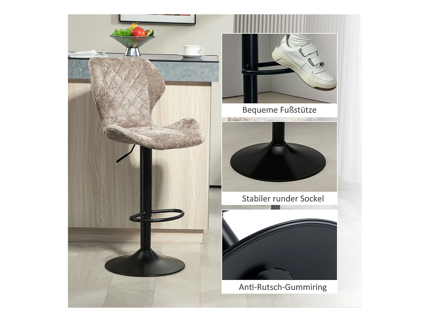 Barstoelen met rugleuning, voetenbankje, draaibaar, chenille stof, metalen frame, bruin (42x47x105 cm)