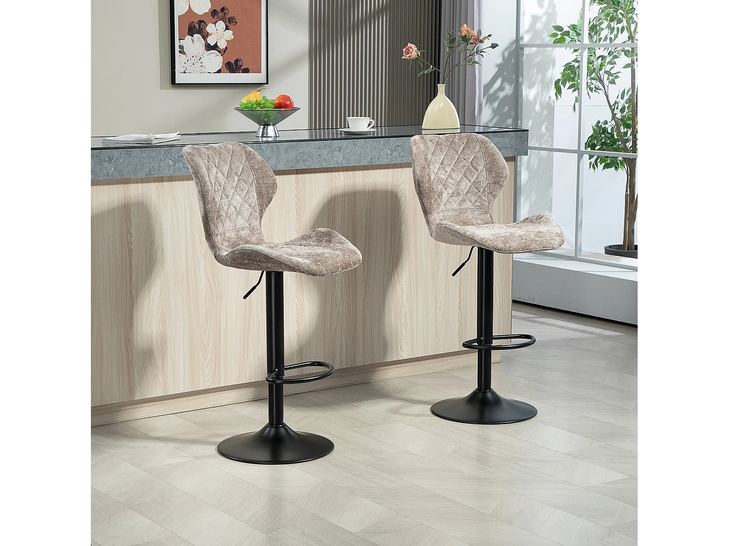 2 Chaises de bar avec dossier, repose-pieds, pivotantes, tissu chenille, structure en métal, marron (42x47x105 cm)