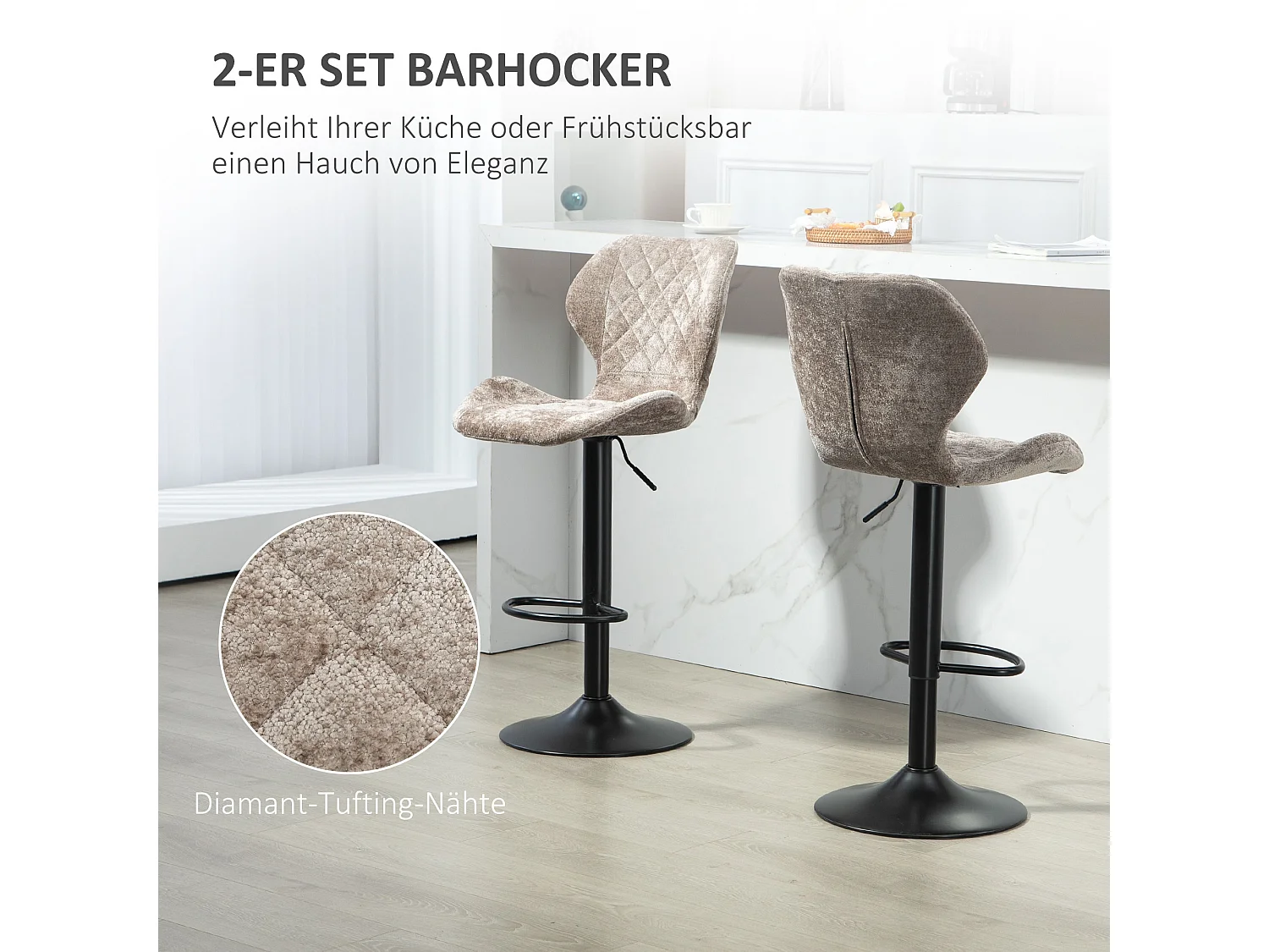 2 Chaises de bar avec dossier, repose-pieds, pivotantes, tissu chenille, structure en métal, marron (42x47x105 cm)