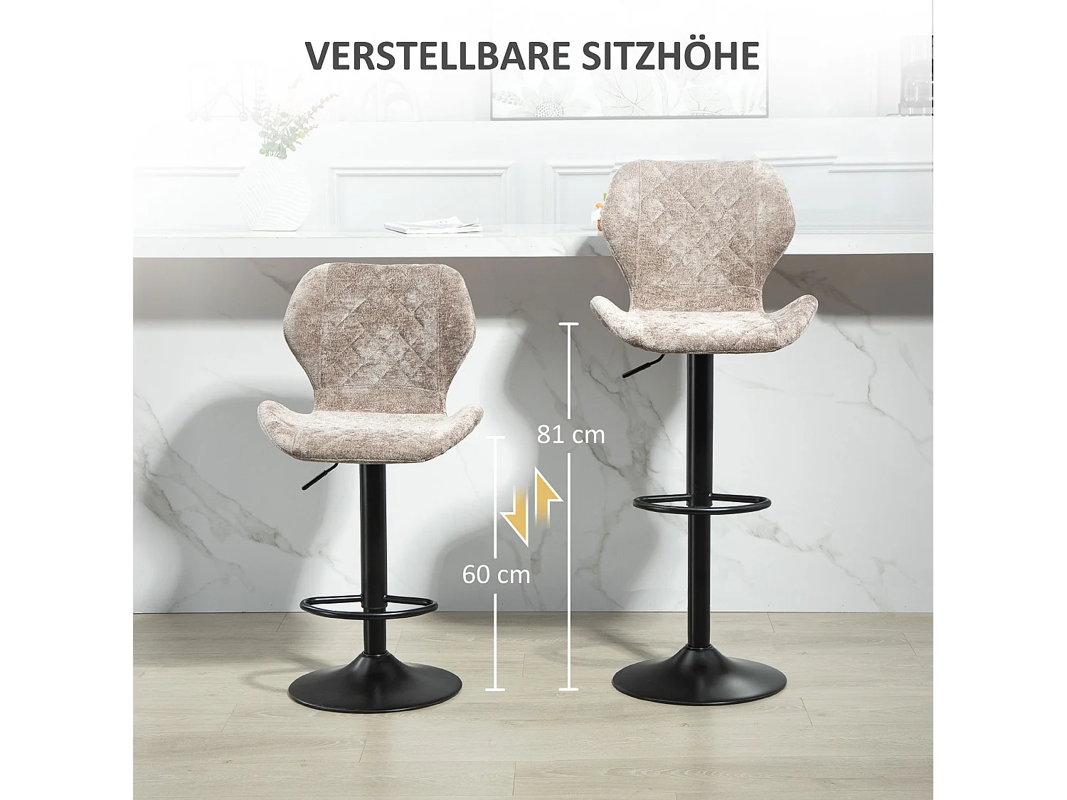 2 Chaises de bar avec dossier, repose-pieds, pivotantes, tissu chenille, structure en métal, marron (42x47x105 cm)