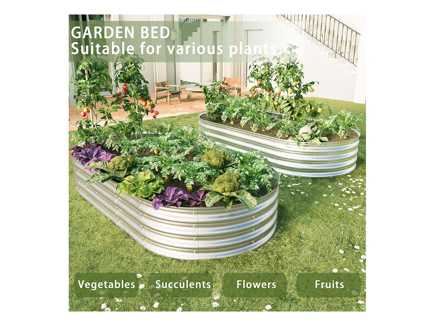 Jardinière surélevée en acier galvanisé, robuste Pflanzkästen, rostbeständig, einfache Montage, Silber (182.9x91.5x30.5 cm)