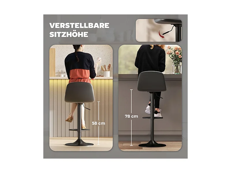 Tabouret de bar avec dossier, 360° pivotant, assise en simili cuir, réglable en hauteur, design moderne, noir (38x38x52-66 cm)