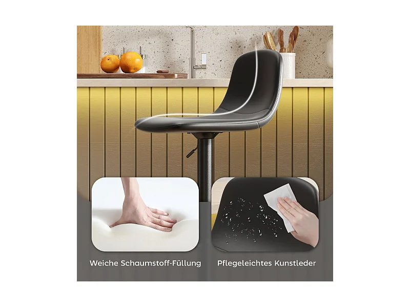 Tabouret de bar avec dossier, 360° pivotant, assise en simili cuir, réglable en hauteur, design moderne, noir (38x38x52-66 cm)