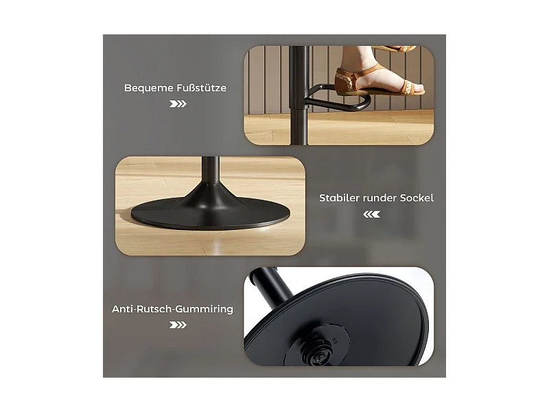 Tabouret de bar avec dossier, 360° pivotant, assise en simili cuir, réglable en hauteur, design moderne, noir (38x38x52-66 cm)