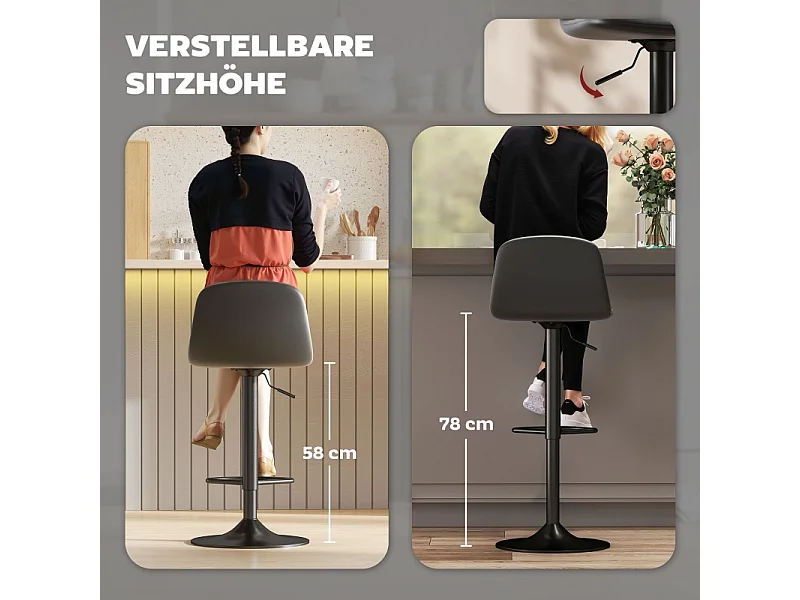 Tabouret de bar avec dossier, 360° pivotant, assise en simili cuir, réglable en hauteur, design moderne, noir (38x38x52-66 cm)