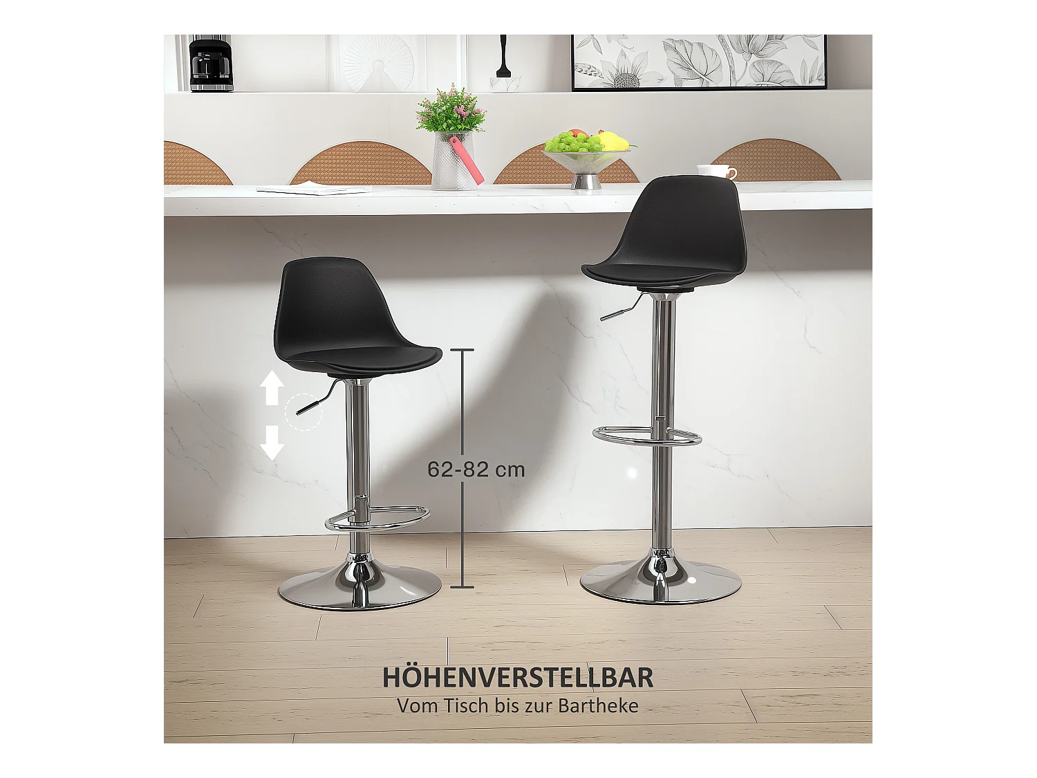 Sgabello da bar con schienale, altezza regolabile, gambe in metallo, similpelle, nero (42x38x82-104 cm)