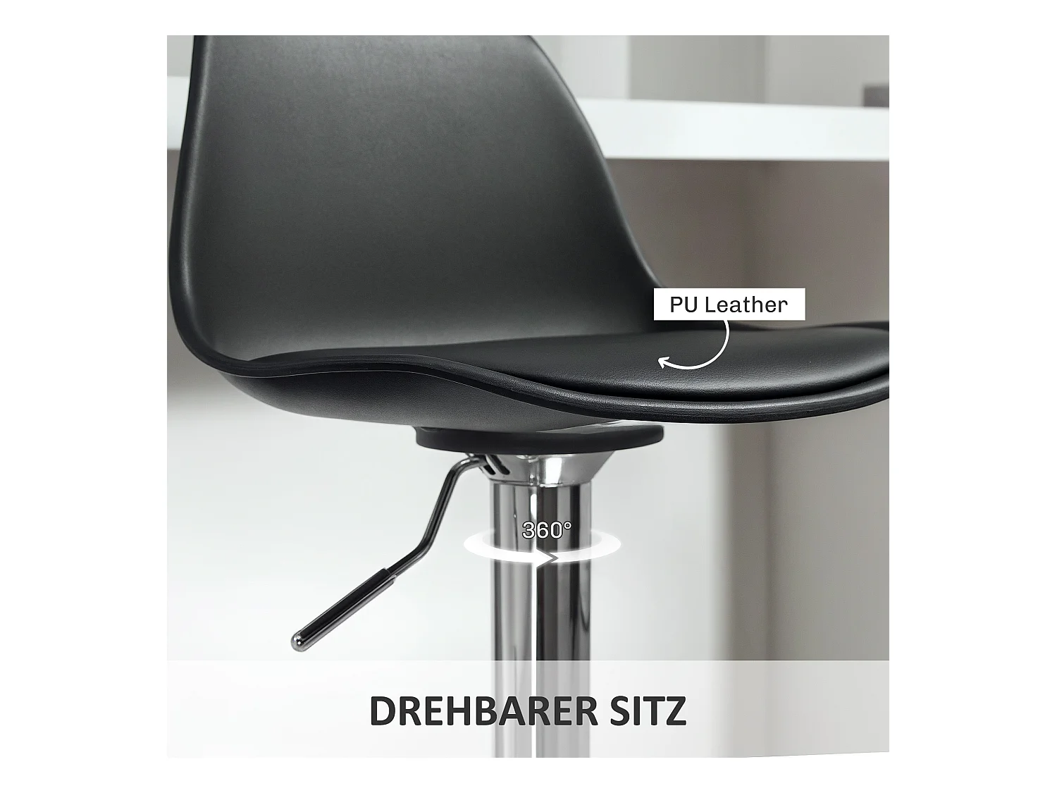 Sgabello da bar con schienale, altezza regolabile, gambe in metallo, similpelle, nero (42x38x82-104 cm)