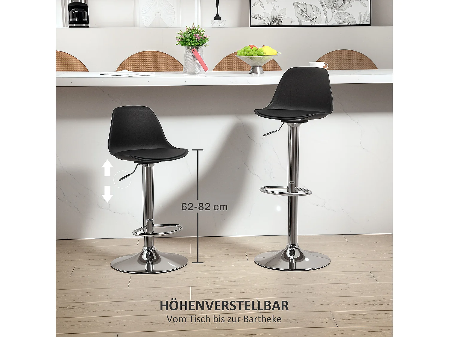 Tabouret de bar avec dossier, réglable en hauteur, pieds en métal, cuir synthétique, noir (42x38x82-104 cm)