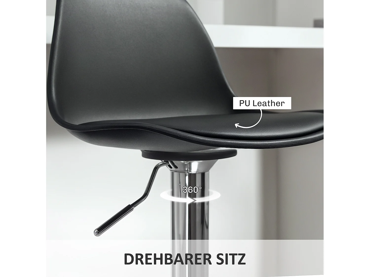 Tabouret de bar avec dossier, réglable en hauteur, pieds en métal, cuir synthétique, noir (42x38x82-104 cm)