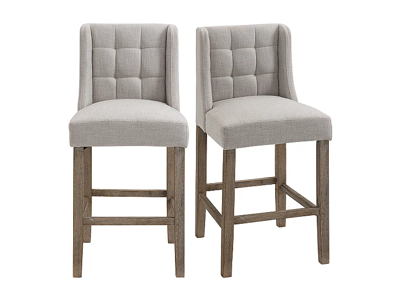 Set van 2 barkrukken met rugleuning, massief hout en stof, bekleding, grijs en naturel (47x50x101cm)