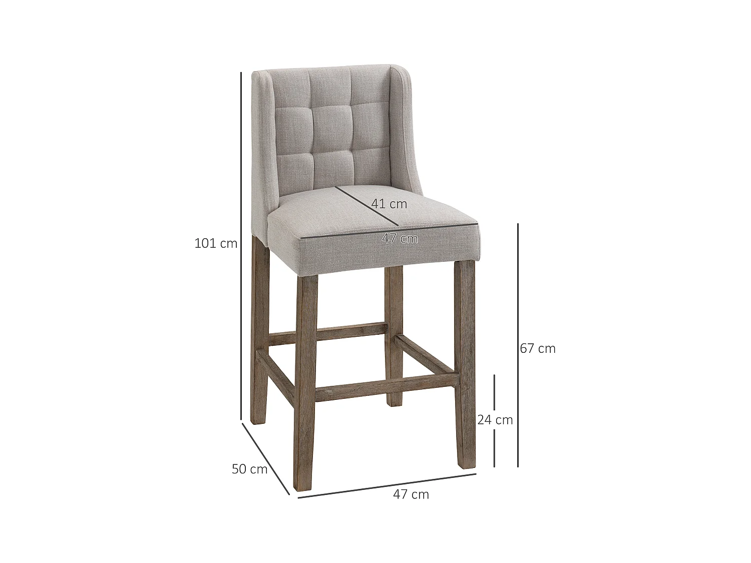 Set van 2 barkrukken met rugleuning, massief hout en stof, bekleding, grijs en naturel (47x50x101cm)