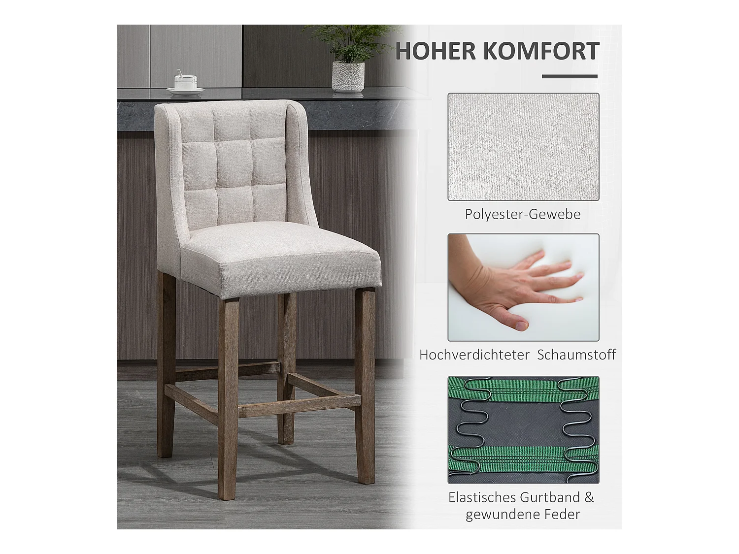 Set van 2 barkrukken met rugleuning, massief hout en stof, bekleding, grijs en naturel (47x50x101cm)