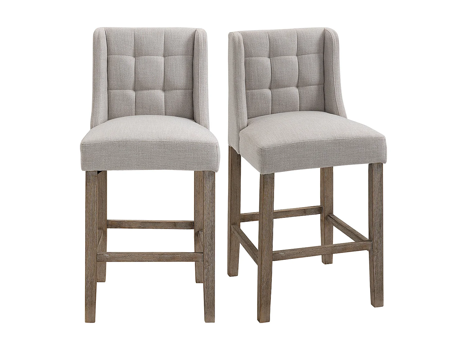 Set van 2 barkrukken met rugleuning, massief hout en stof, bekleding, grijs en naturel (47x50x101cm)