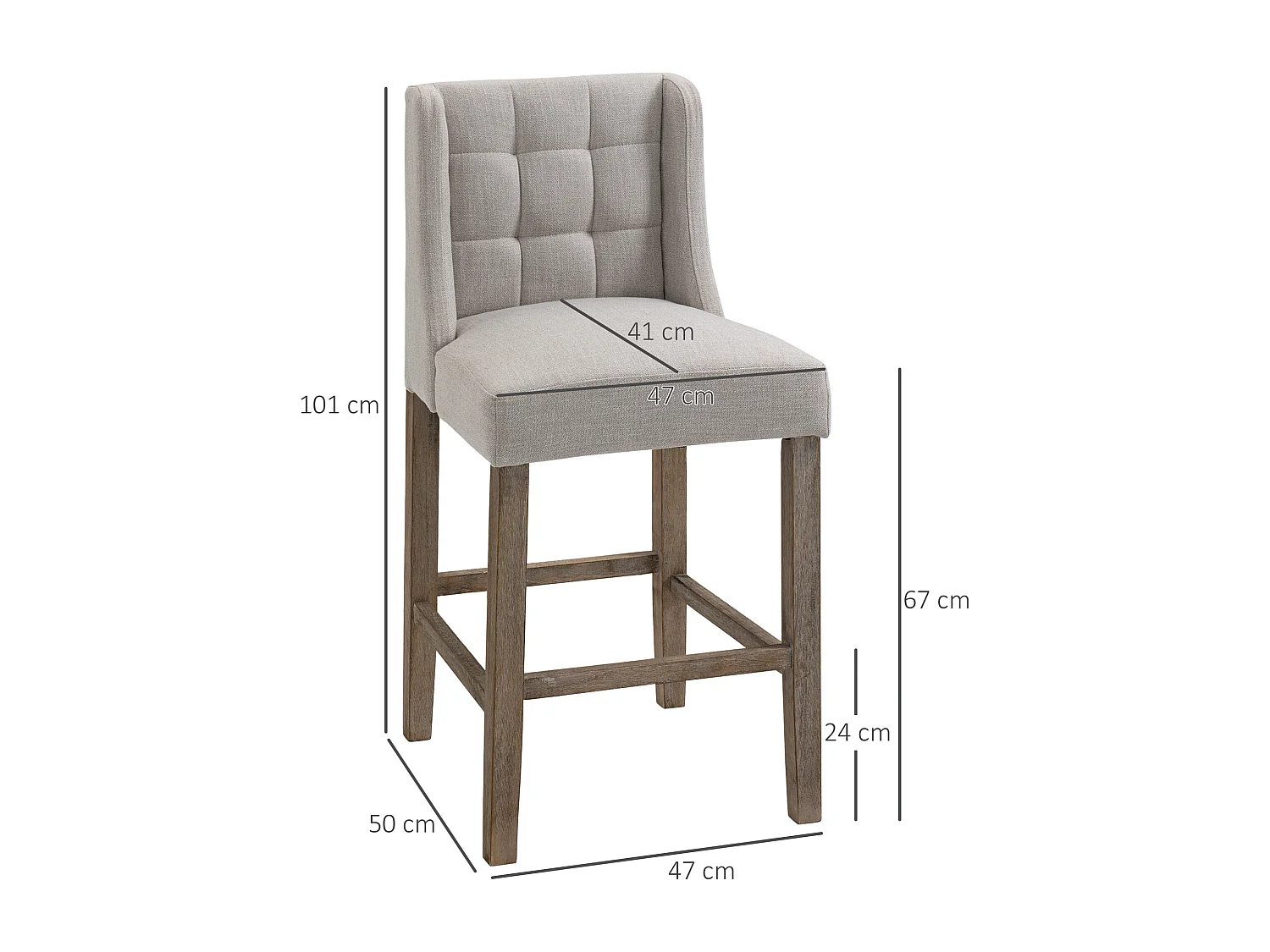 Set van 2 barkrukken met rugleuning, massief hout en stof, bekleding, grijs en naturel (47x50x101cm)