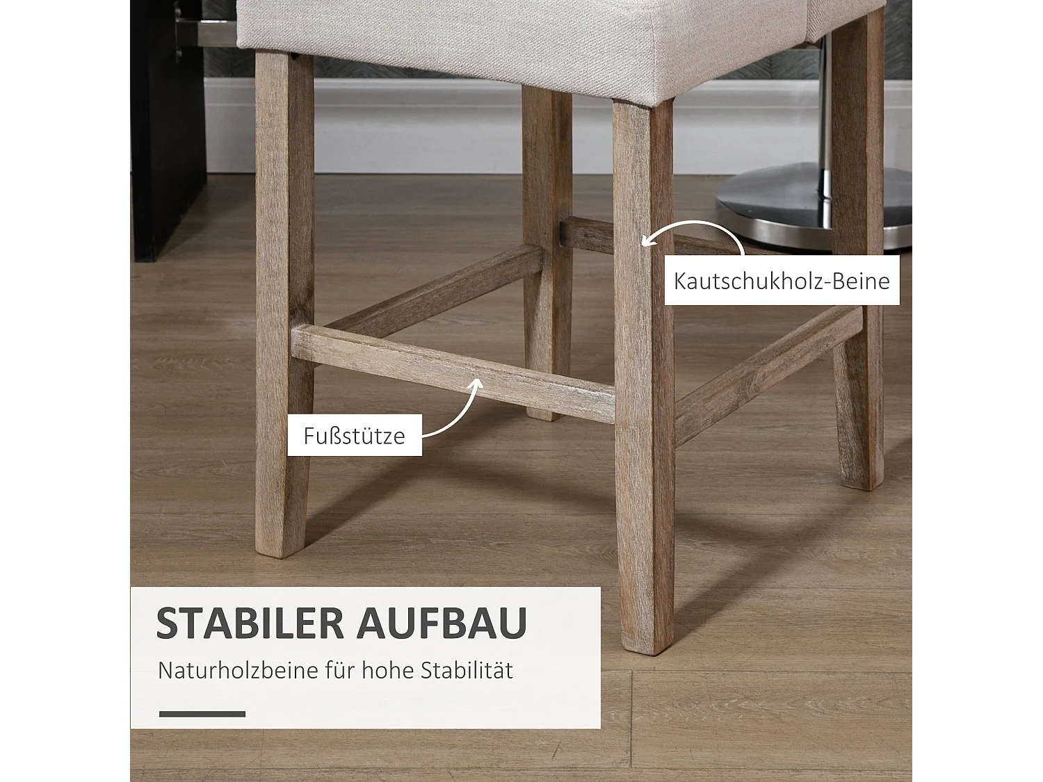 Set van 2 barkrukken met rugleuning, massief hout en stof, bekleding, grijs en naturel (47x50x101cm)