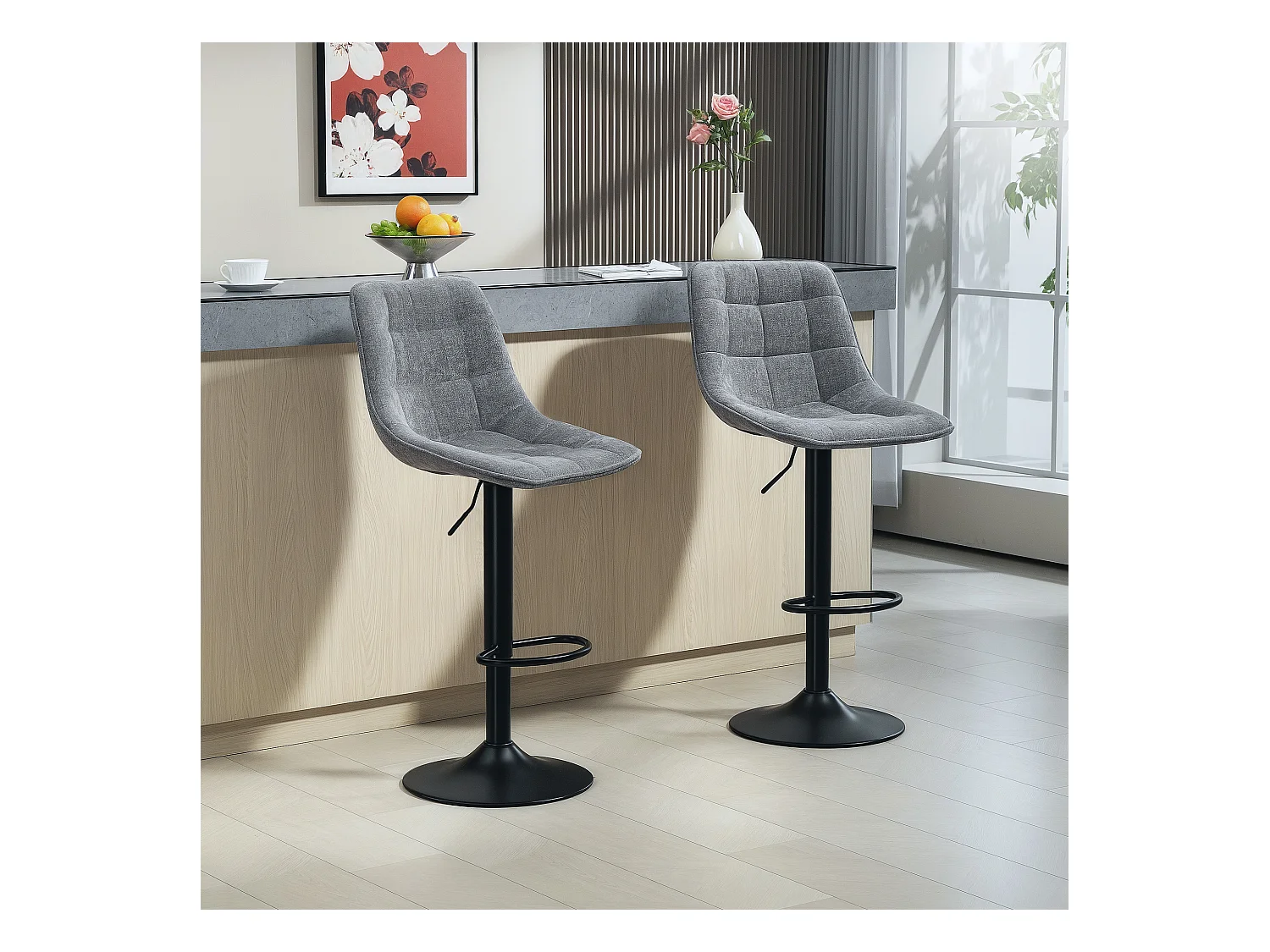 Tabouret de bar avec dossier, 2 pièces, structure en métal, tissu chenille, réglable en hauteur, avec repose-pieds, 360° rotatif, (52.5x47x97 cm)