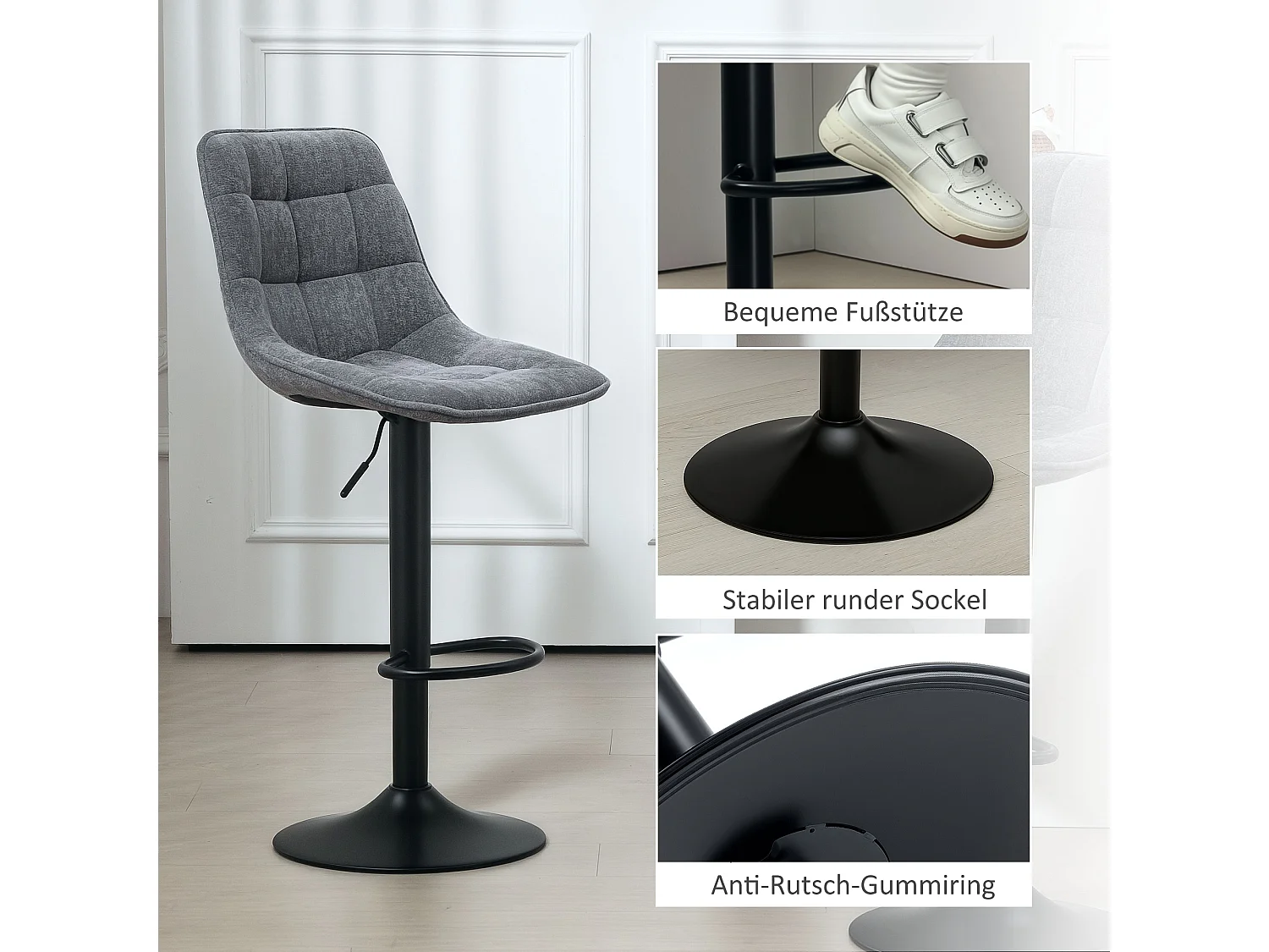 Tabouret de bar avec dossier, 2 pièces, structure en métal, tissu chenille, réglable en hauteur, avec repose-pieds, 360° rotatif, (52.5x47x97 cm)