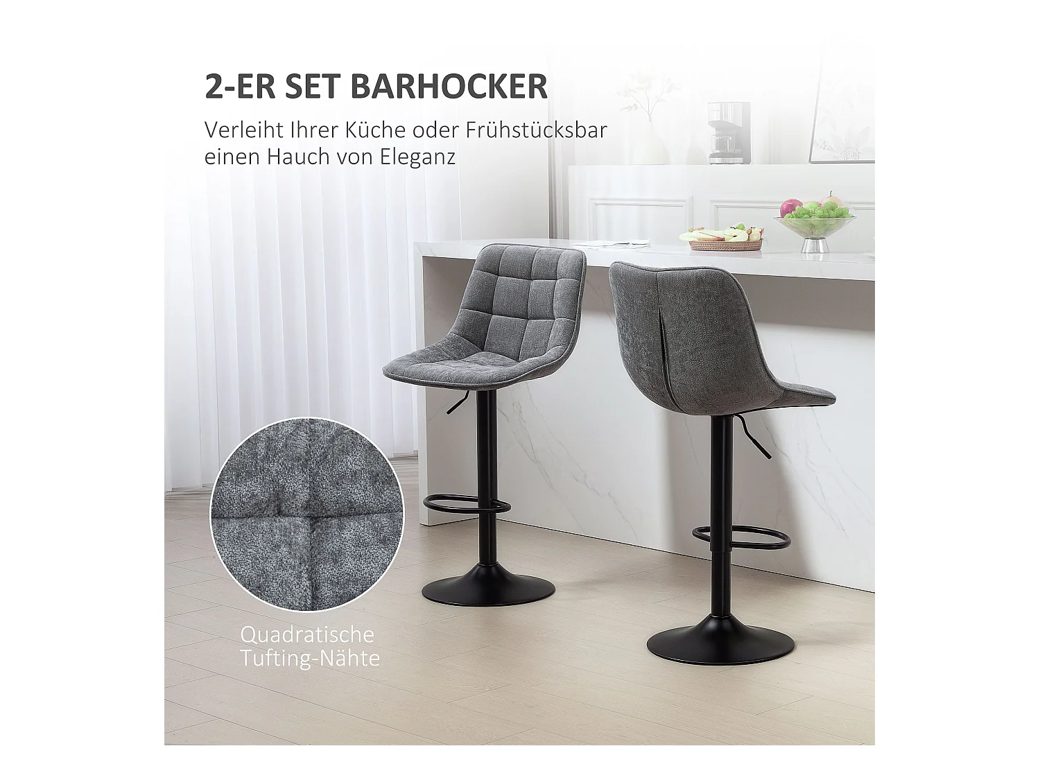 Barkruk met rugleuning, 2-delig, metalen frame, chenillestof, in hoogte verstelbaar, met voetenbankje, 360° draaibaar, (52,5x47x97 cm)