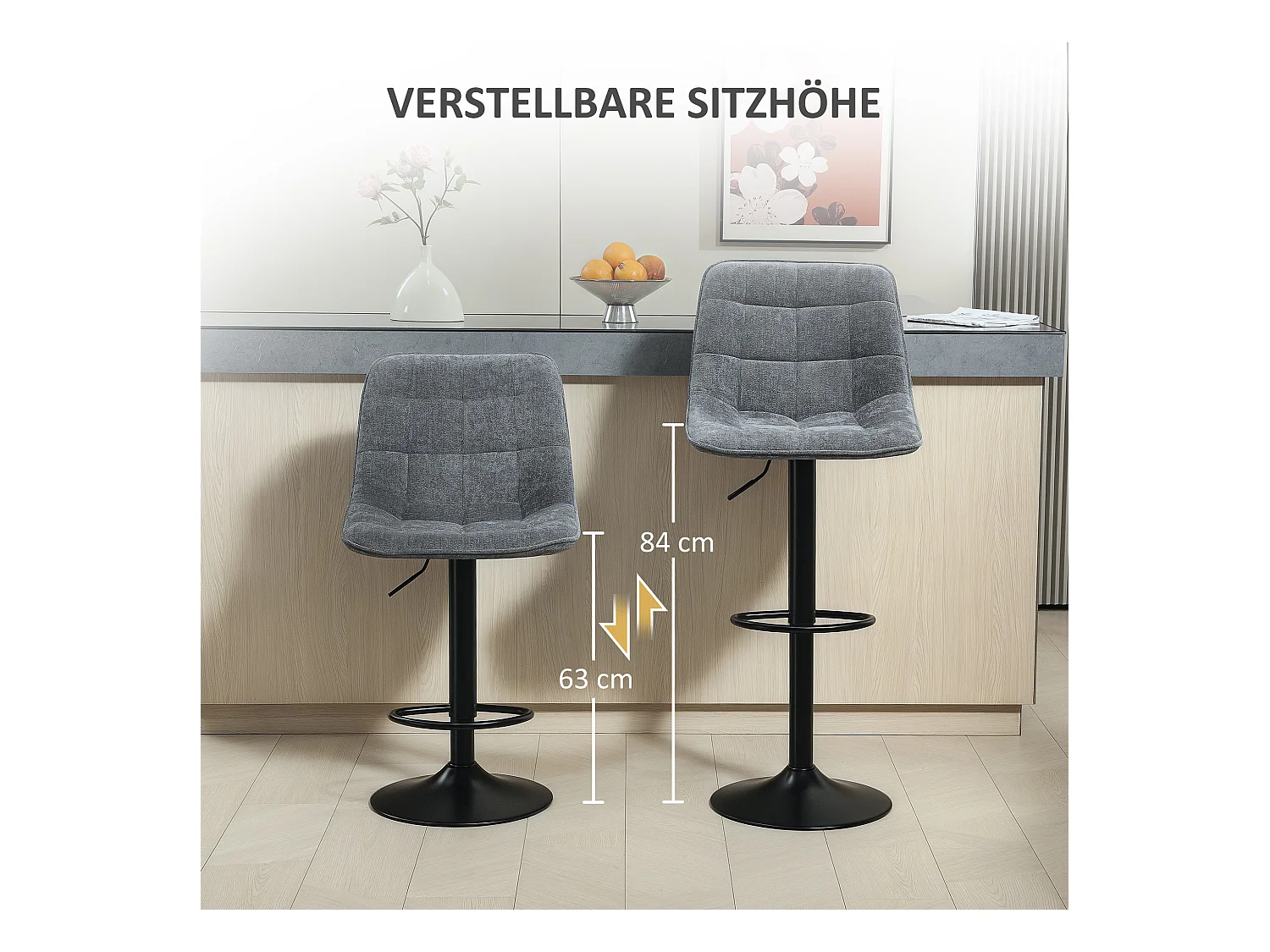 Barkruk met rugleuning, 2-delig, metalen frame, chenillestof, in hoogte verstelbaar, met voetenbankje, 360° draaibaar, (52,5x47x97 cm)