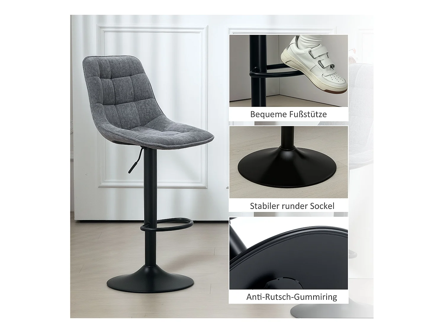 Barkruk met rugleuning, 2-delig, metalen frame, chenillestof, in hoogte verstelbaar, met voetenbankje, 360° draaibaar, (52,5x47x97 cm)