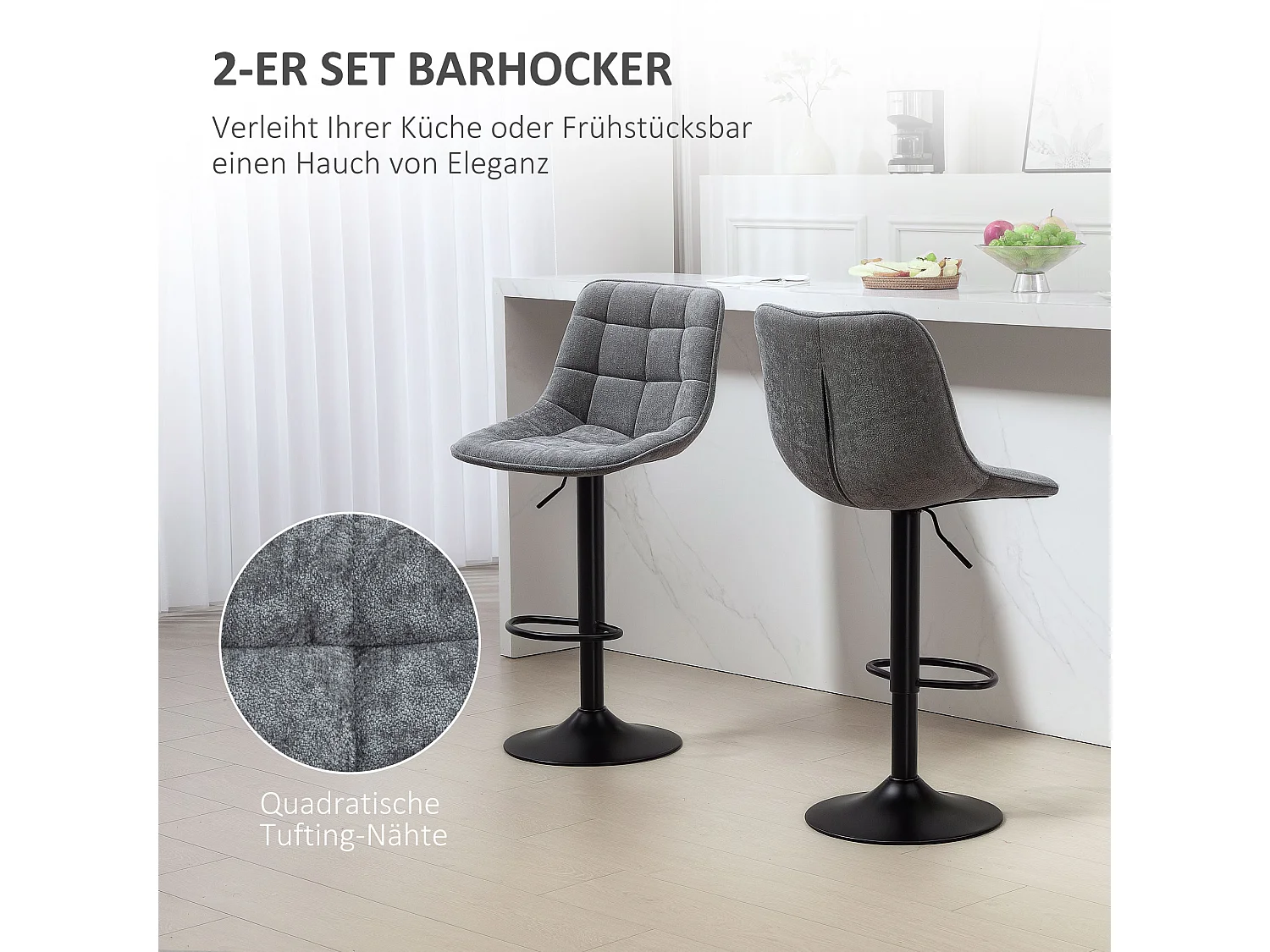 Barkruk met rugleuning, 2-delig, metalen frame, chenillestof, in hoogte verstelbaar, met voetenbankje, 360° draaibaar, (52,5x47x97 cm)