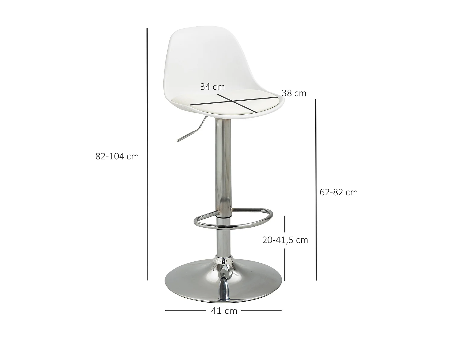 Lot de 2 tabourets de bar pivotants, réglables en hauteur, similicuir blanc et métal, capacité 120kg (40x42x82-104cm)