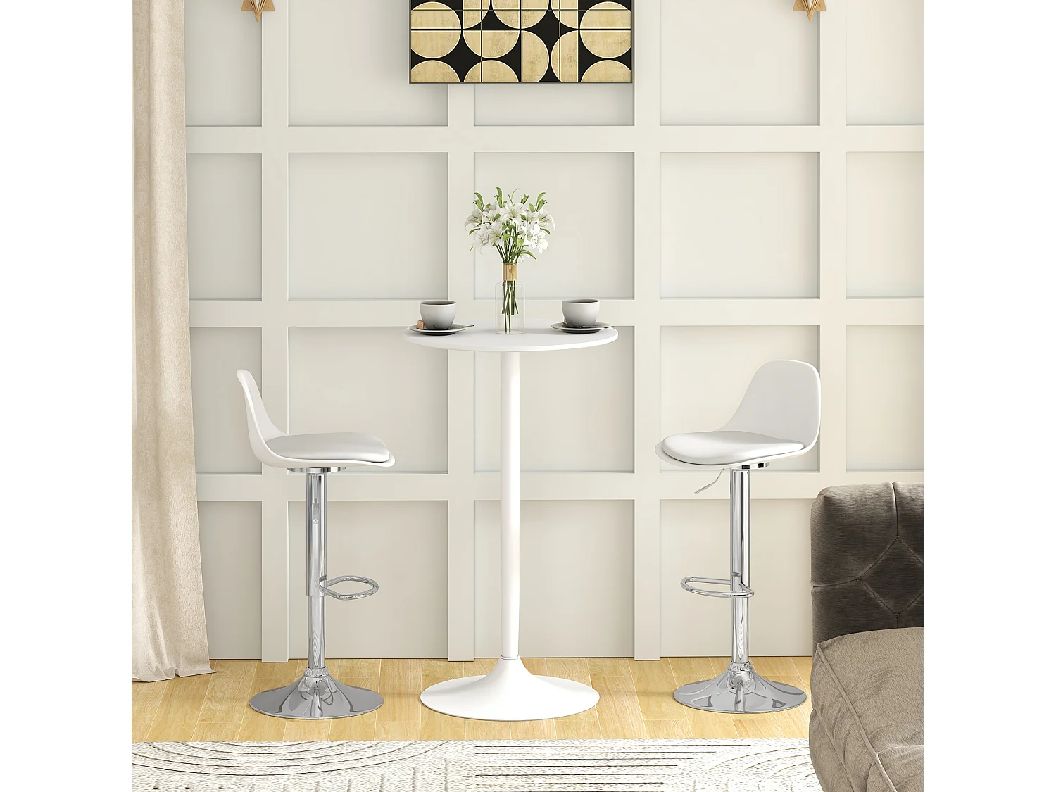 Lot de 2 tabourets de bar pivotants, réglables en hauteur, similicuir blanc et métal, capacité 120kg (40x42x82-104cm)