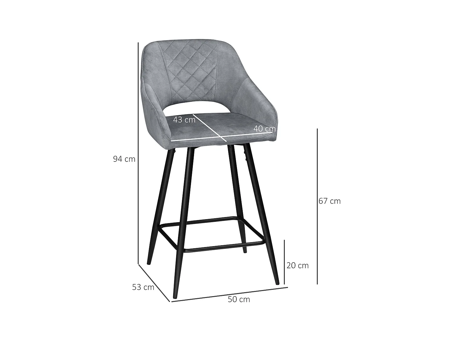 Conjunto de 2 taburetes de bar con reposapiés, tapizado de terciopelo y estructura de acero, gris (50x53x94 cm)