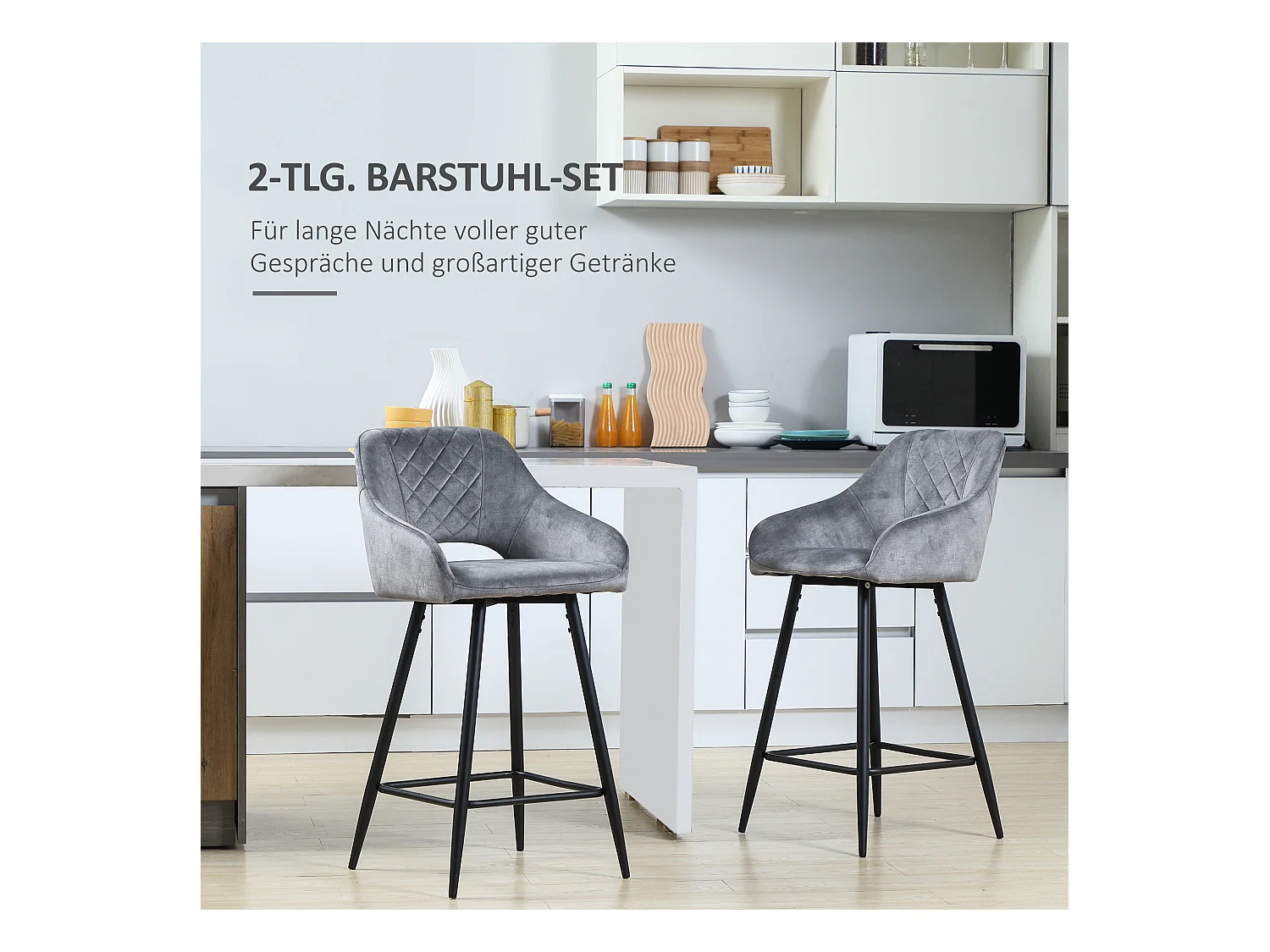 Conjunto de 2 taburetes de bar con reposapiés, tapizado de terciopelo y estructura de acero, gris (50x53x94 cm)